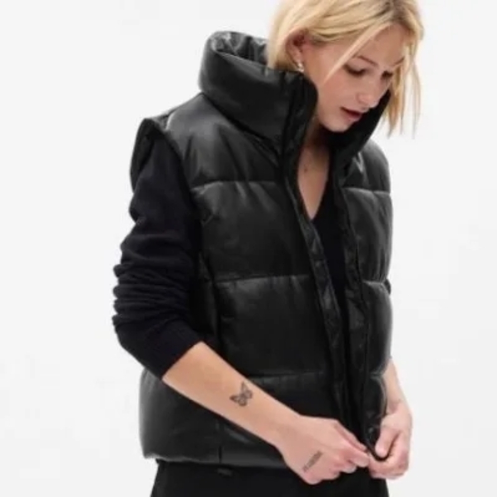 GAP Women's Black Puffer Vegan Leather Funnel Neck Vest